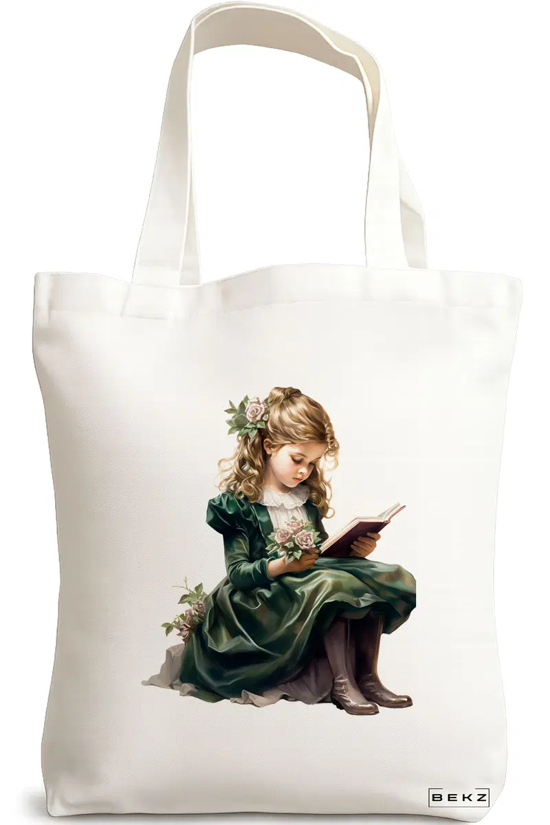 Sacosa Cumparaturi Textila, Geanta Tote, model The bookie girl 18 38 x 34.5 cm, Alb, BEKZ®