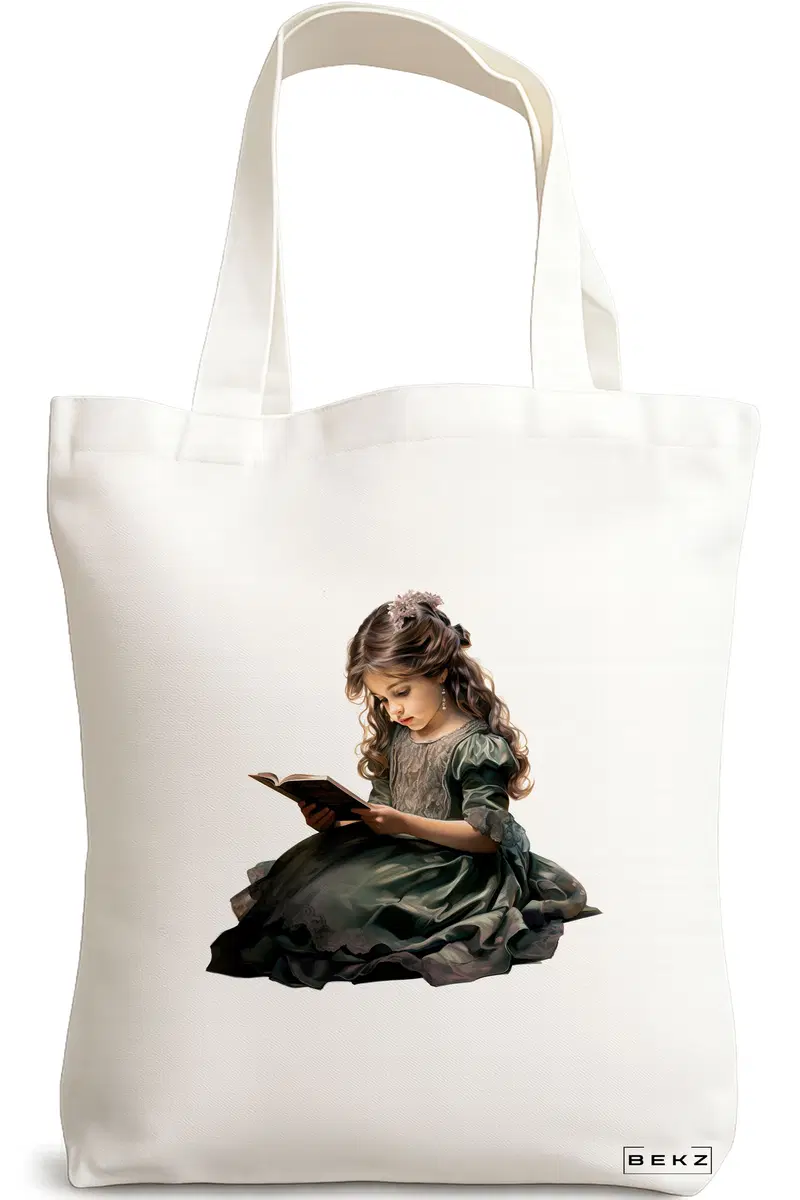 Sacosa Cumparaturi Textila, Geanta Tote, model The bookie girl 19 38 x 34.5 cm, Alb, BEKZ®