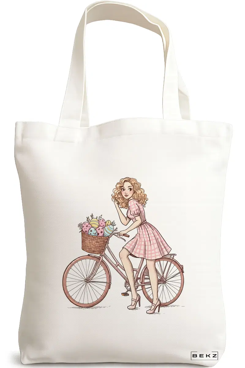 Sacosa Cumparaturi Textila, Geanta Tote, model Rose bicycle 38 x 34.5 cm, Alb, BEKZ®