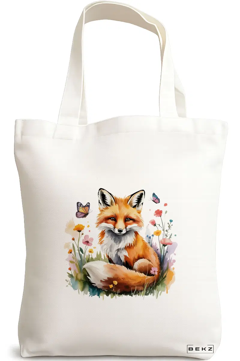 Sacosa Cumparaturi Textila, Geanta Tote, model Foxy and flowers 38 x 34.5 cm, Alb, BEKZ®