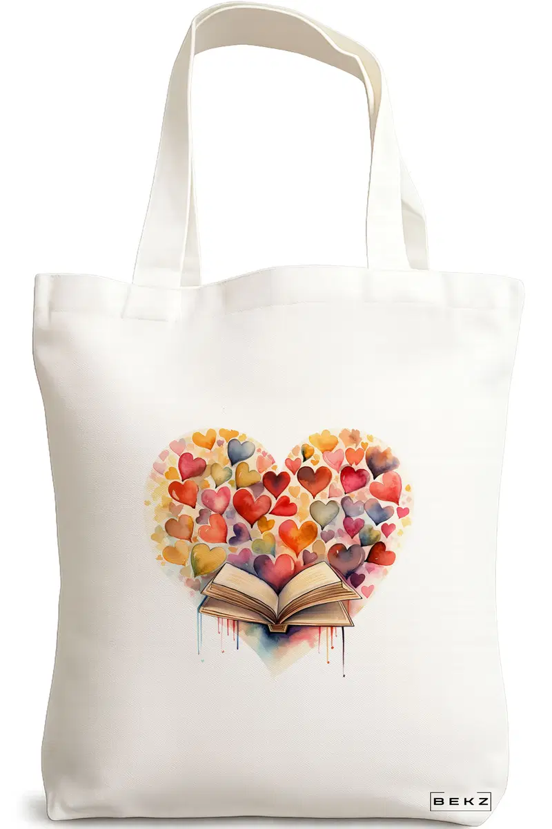 Sacosa Cumparaturi Textila, Geanta Tote, model Books and hearts 38 x 34.5 cm, Alb, BEKZ®
