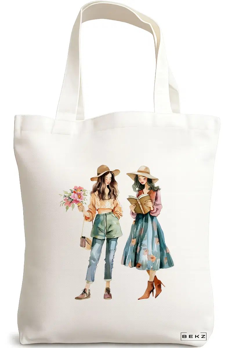 Sacosa Cumparaturi Textila, Geanta Tote, model The reading girls 38 x 34.5 cm, Alb, BEKZ®