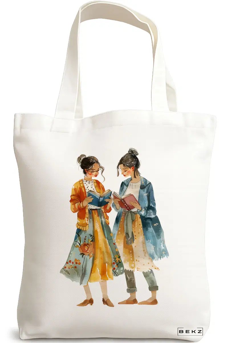 Sacosa Cumparaturi Textila, Geanta Tote, model The bookie girl 20 38 x 34.5 cm, Alb, BEKZ®
