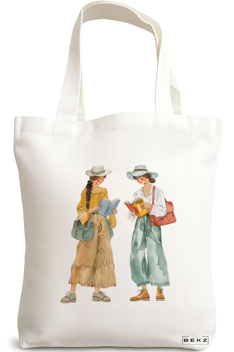 Sacosa Cumparaturi Textila, Geanta Tote, model The bookie girl 21 38 x 34.5 cm, Alb, BEKZ®