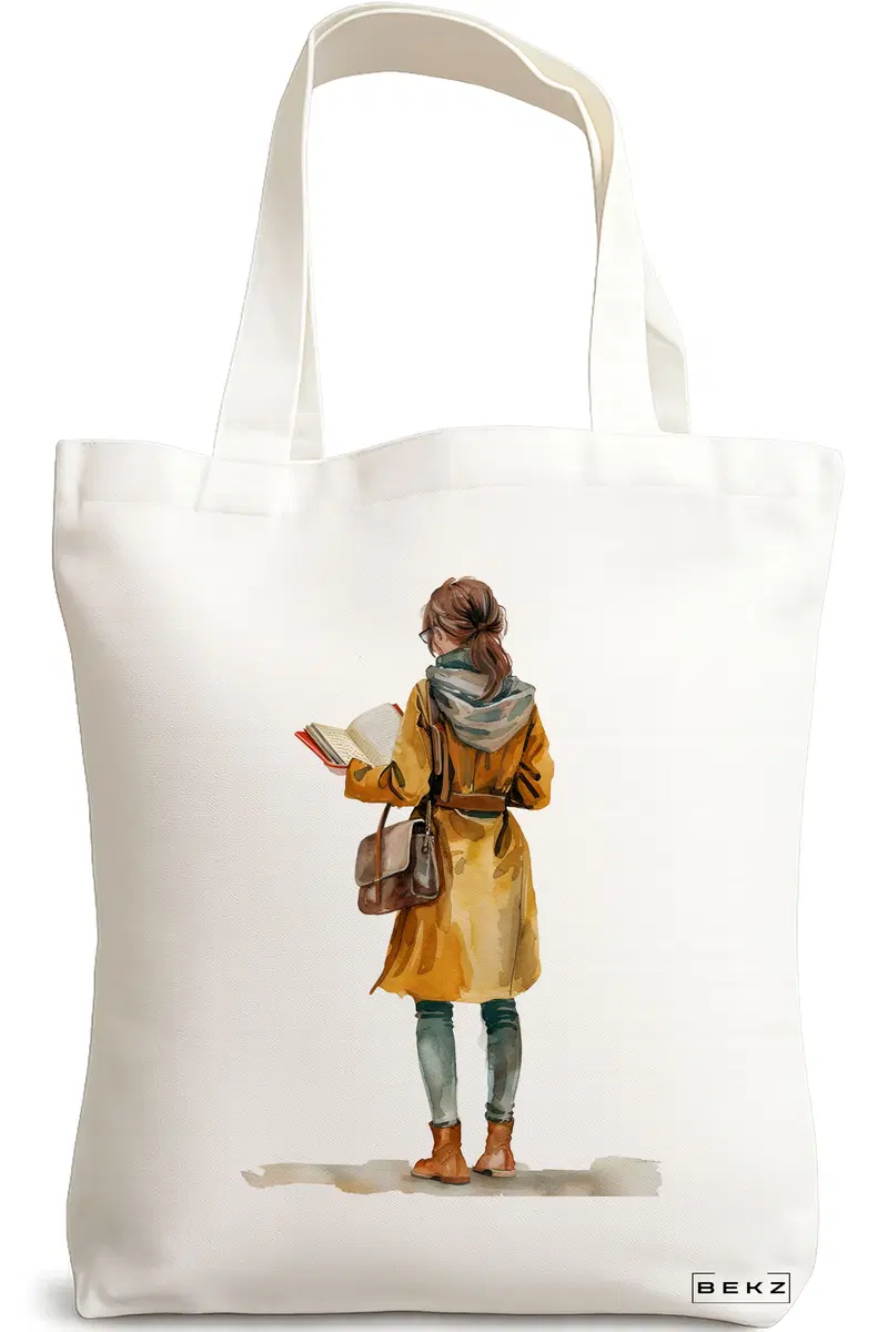 Sacosa Cumparaturi Textila, Geanta Tote, model The bookie girl 22 38 x 34.5 cm, Alb, BEKZ®