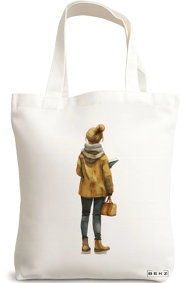 Sacosa Cumparaturi Textila, Geanta Tote, model The bookie girl 23 38 x 34.5 cm, Alb, BEKZ®