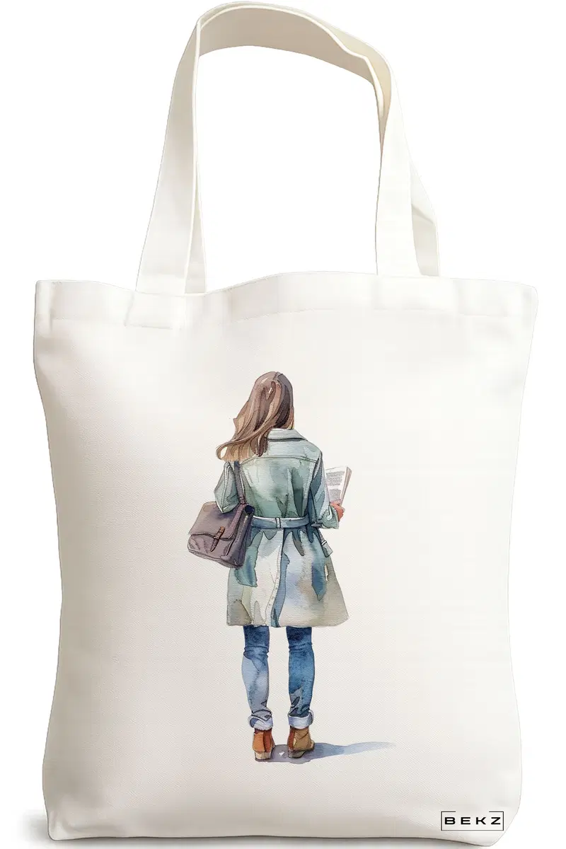 Sacosa Cumparaturi Textila, Geanta Tote, model The bookie girl 24 38 x 34.5 cm, Alb, BEKZ®