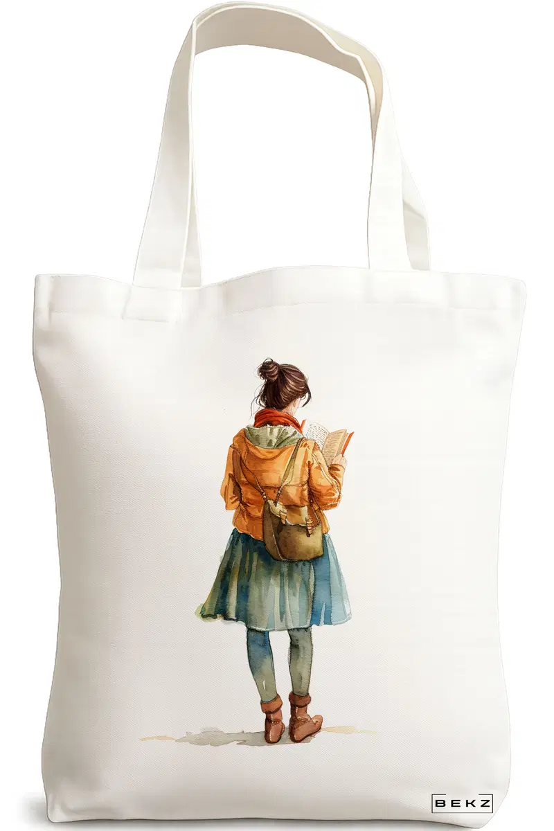 Sacosa Cumparaturi Textila, Geanta Tote, model The bookie girl 25 38 x 34.5 cm, Alb, BEKZ®