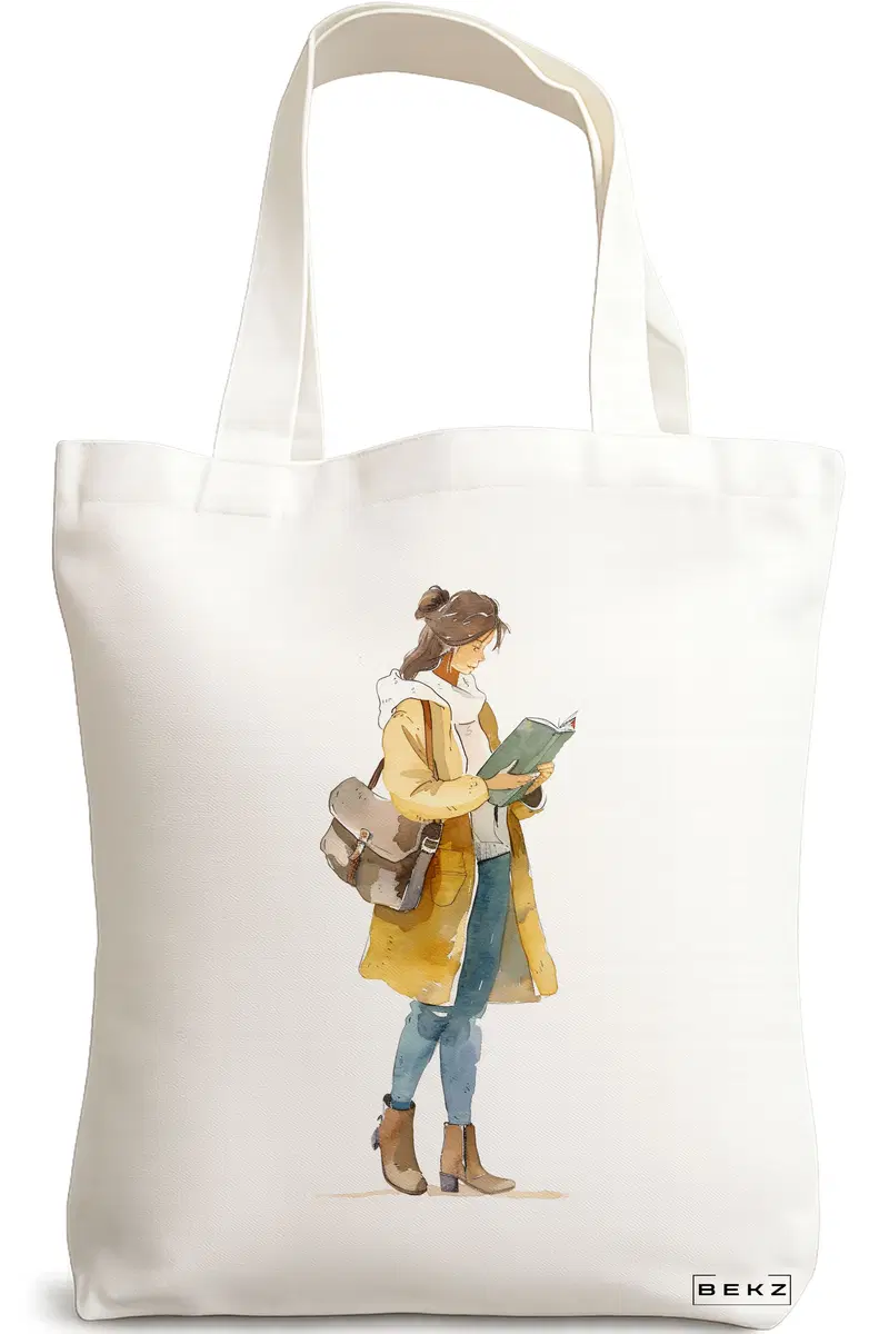 Sacosa Cumparaturi Textila, Geanta Tote, model The bookie girl 26 38 x 34.5 cm, Alb, BEKZ®