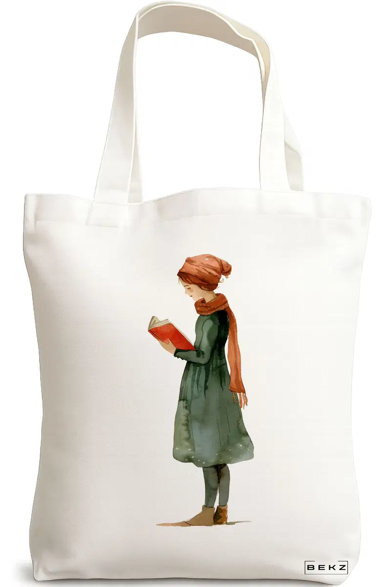 Sacosa Cumparaturi Textila, Geanta Tote, model The bookie girl 27 38 x 34.5 cm, Alb, BEKZ®