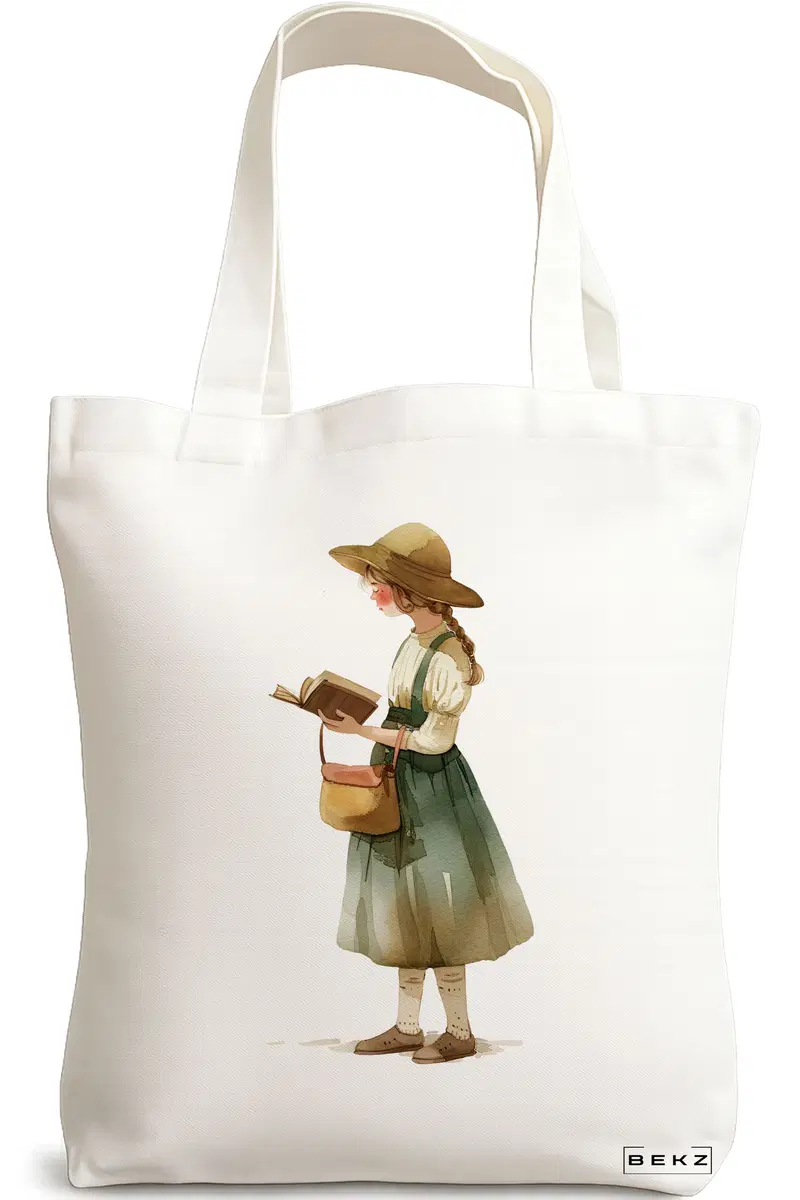 Sacosa Cumparaturi Textila, Geanta Tote, model The bookie girl 28 38 x 34.5 cm, Alb, BEKZ®