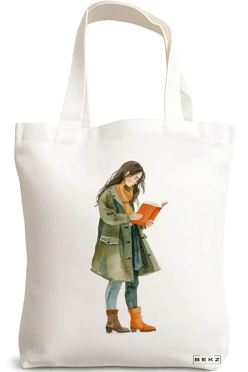 Sacosa Cumparaturi Textila, Geanta Tote, model The bookie girl 30 38 x 34.5 cm, Alb, BEKZ®