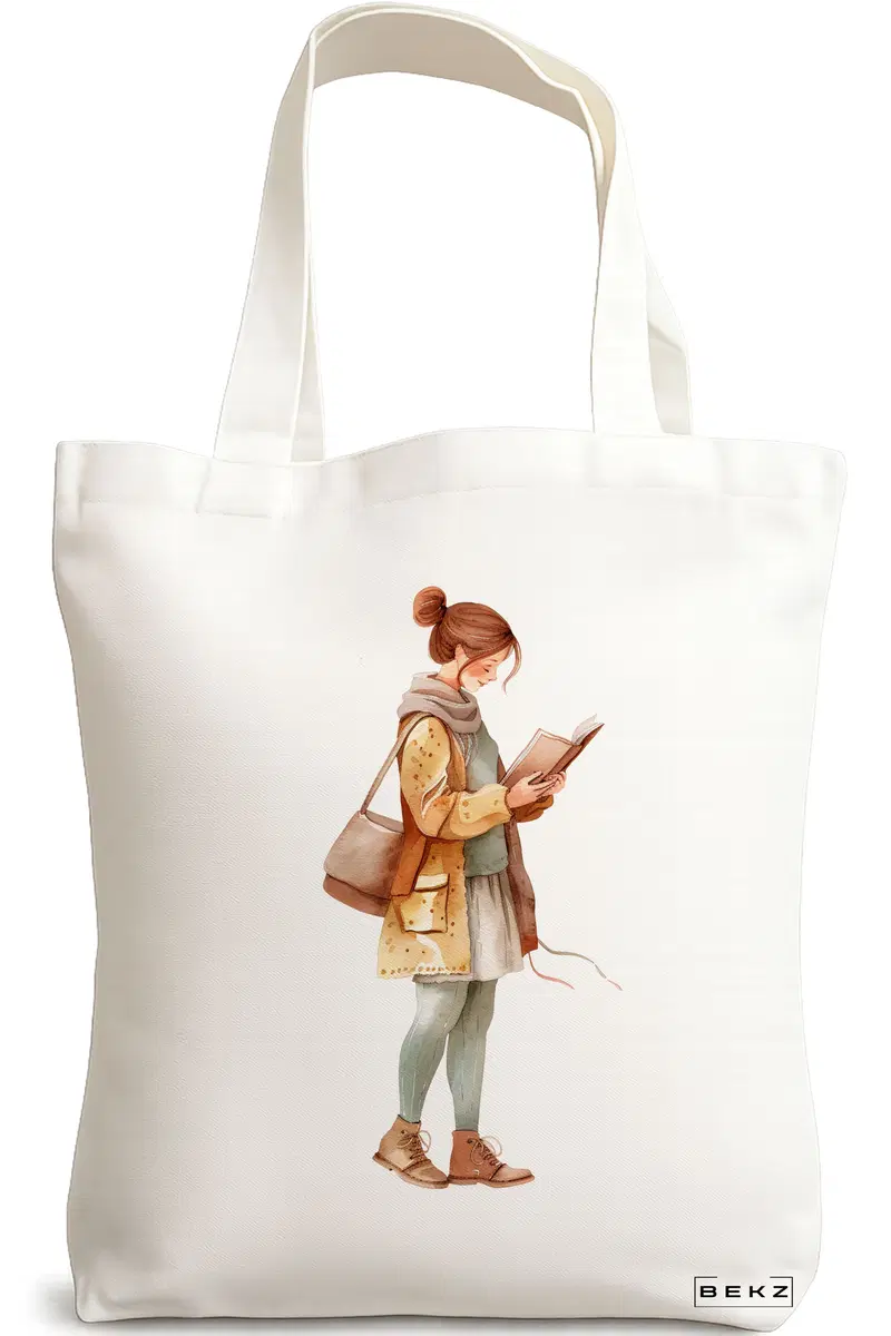 Sacosa Cumparaturi Textila, Geanta Tote, model The bookie girl 31 38 x 34.5 cm, Alb, BEKZ®