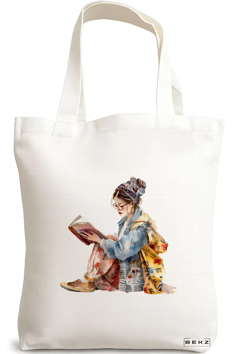 Sacosa Cumparaturi Textila, Geanta Tote, model The bookie girl 33 38 x 34.5 cm, Alb, BEKZ®