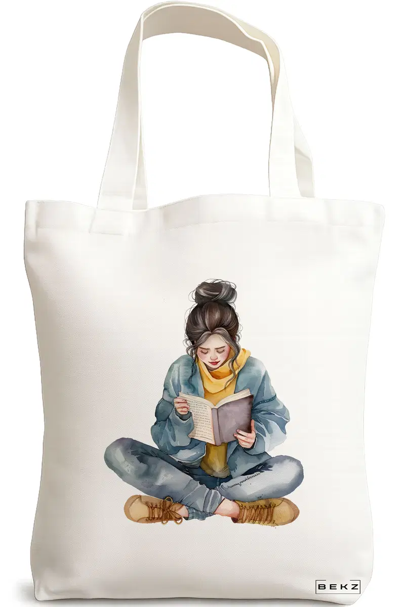 Sacosa Cumparaturi Textila, Geanta Tote, model The bookie girl 34 38 x 34.5 cm, Alb, BEKZ®
