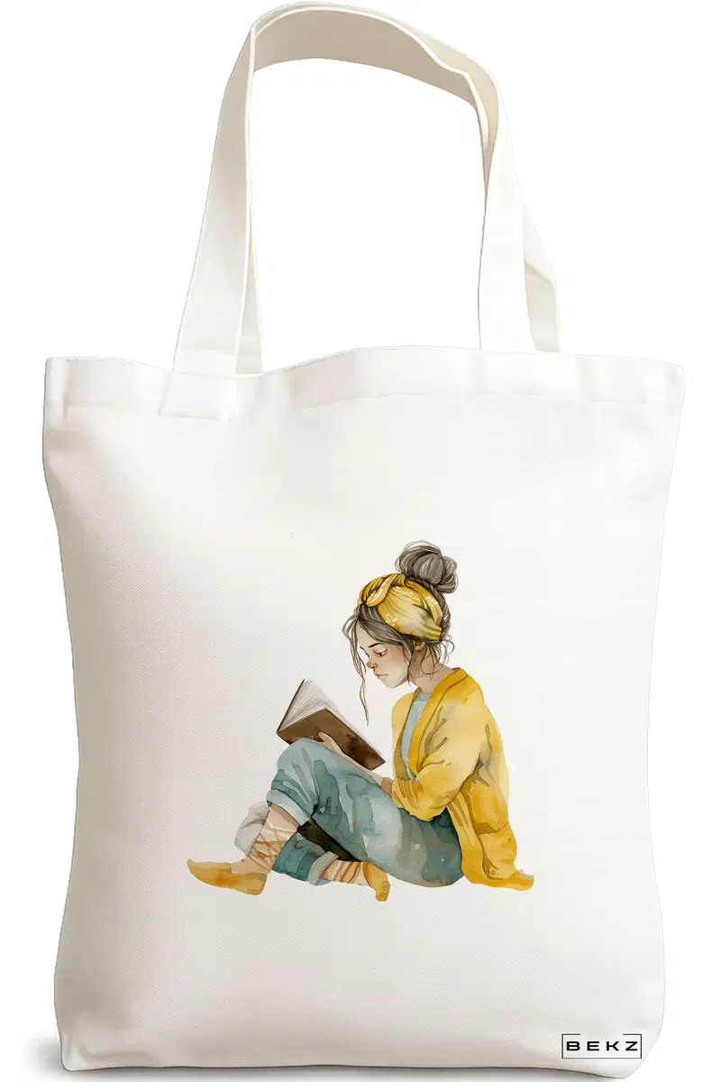 Sacosa Cumparaturi Textila, Geanta Tote, model The bookie girl 35 38 x 34.5 cm, Alb, BEKZ®