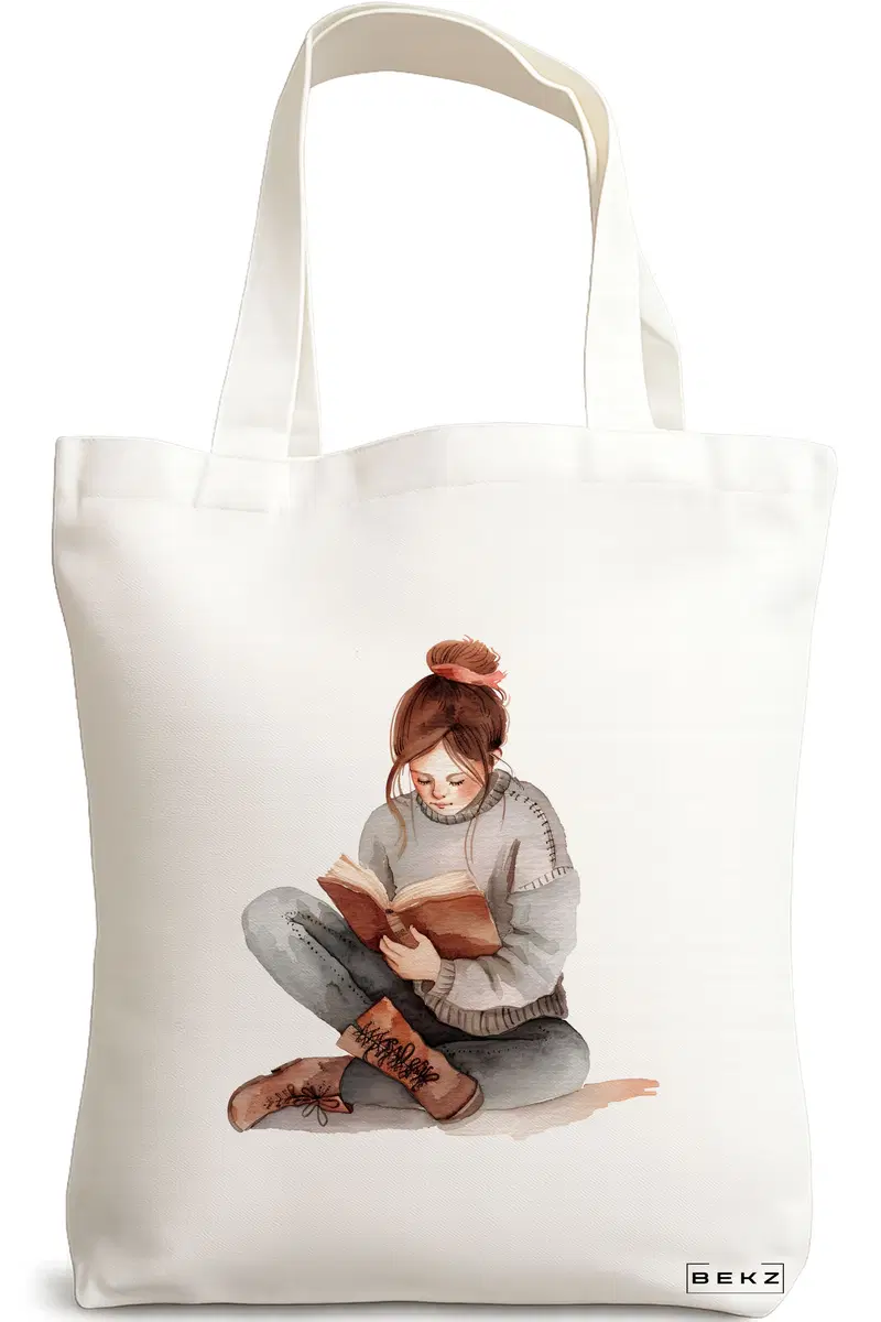 Sacosa Cumparaturi Textila, Geanta Tote, model The bookie girl 36 38 x 34.5 cm, Alb, BEKZ®