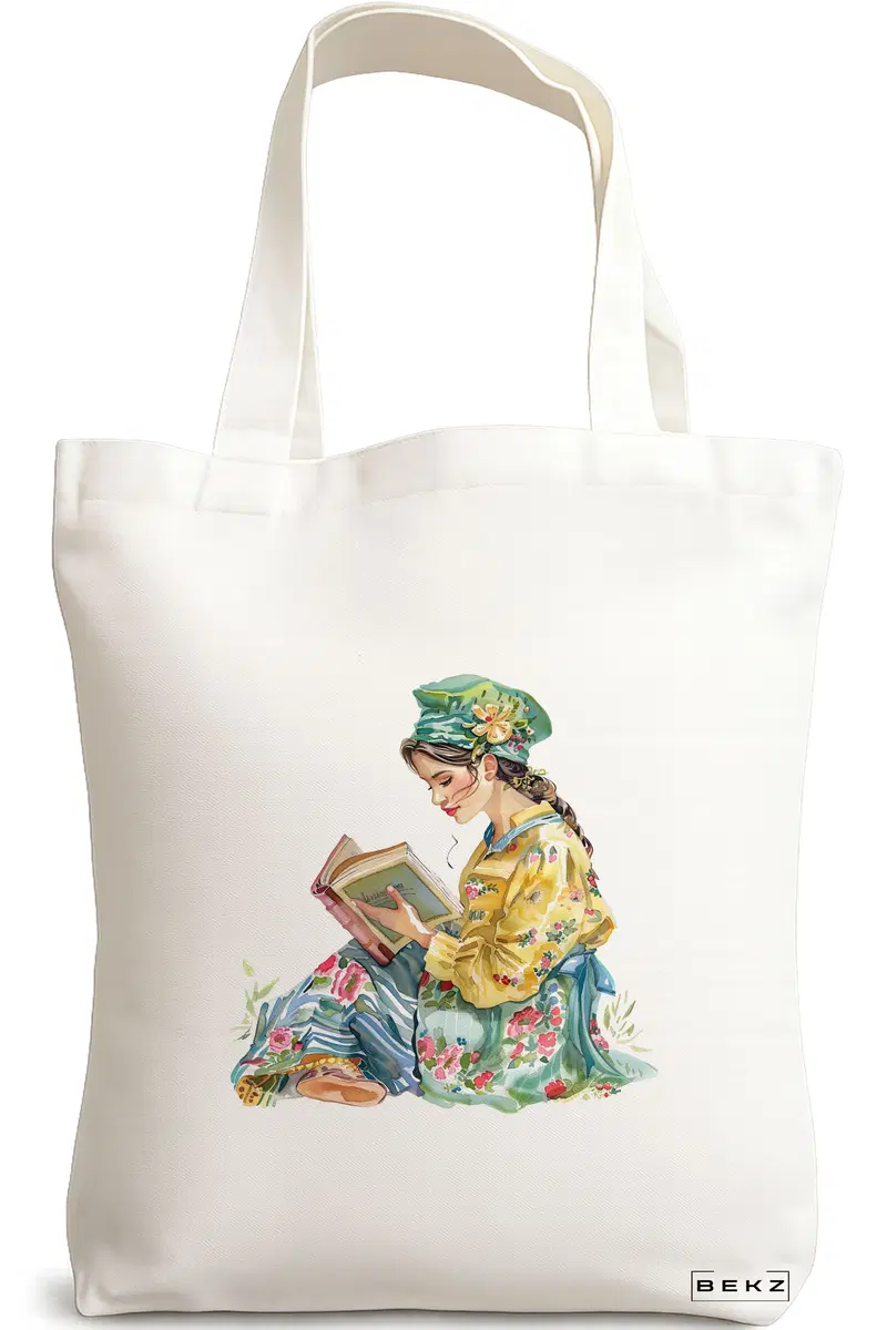 Sacosa Cumparaturi Textila, Geanta Tote, model The bookie girl 38 38 x 34.5 cm, Alb, BEKZ®
