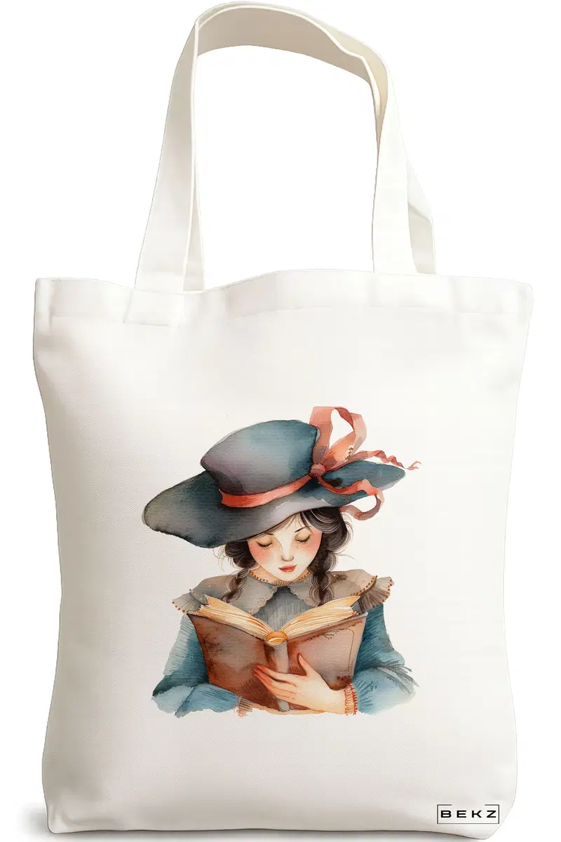 Sacosa Cumparaturi Textila, Geanta Tote, model The bookie girl 39 38 x 34.5 cm, Alb, BEKZ®