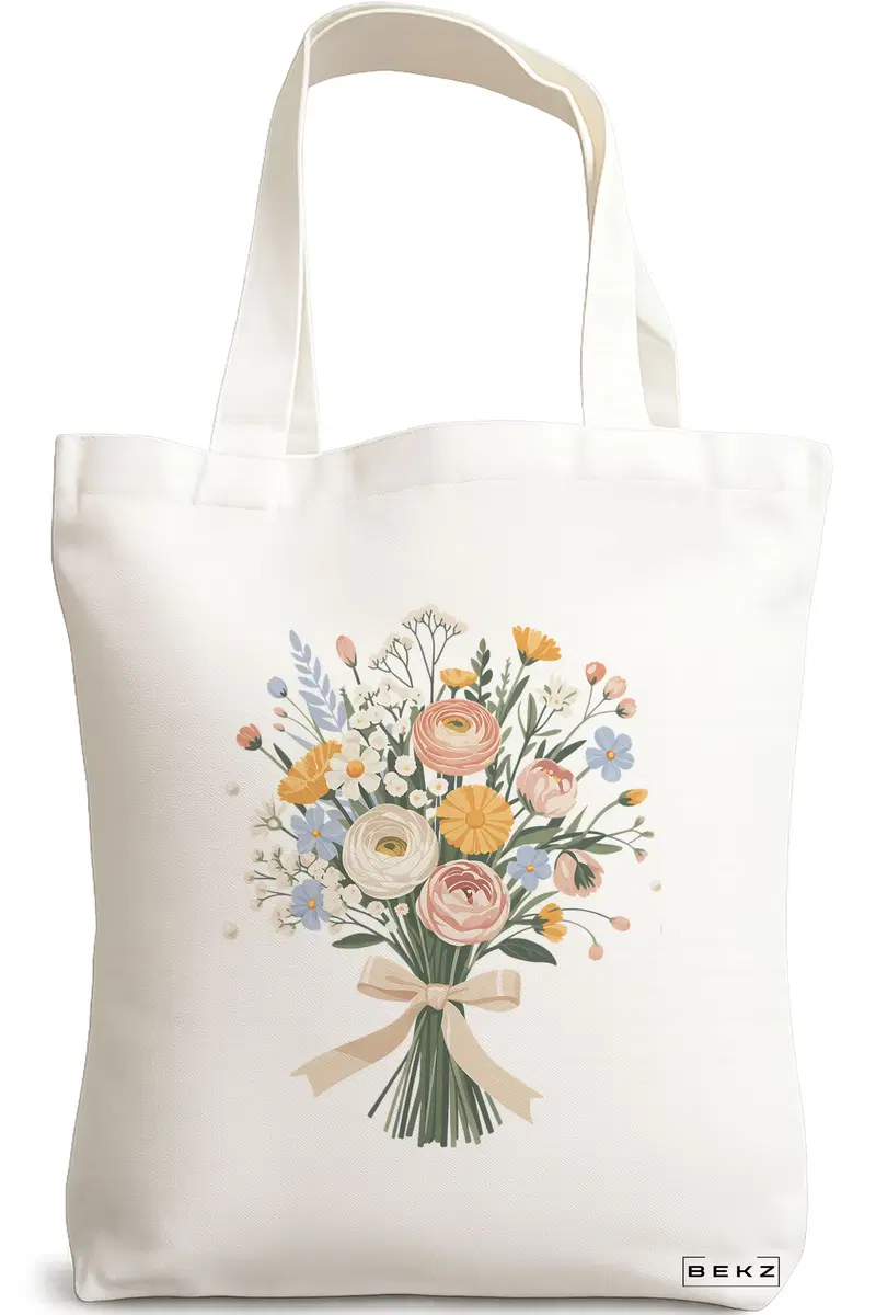 Sacosa Cumparaturi Textila, Geanta Tote, model Flowers 22 38 x 34.5 cm, Alb, BEKZ®