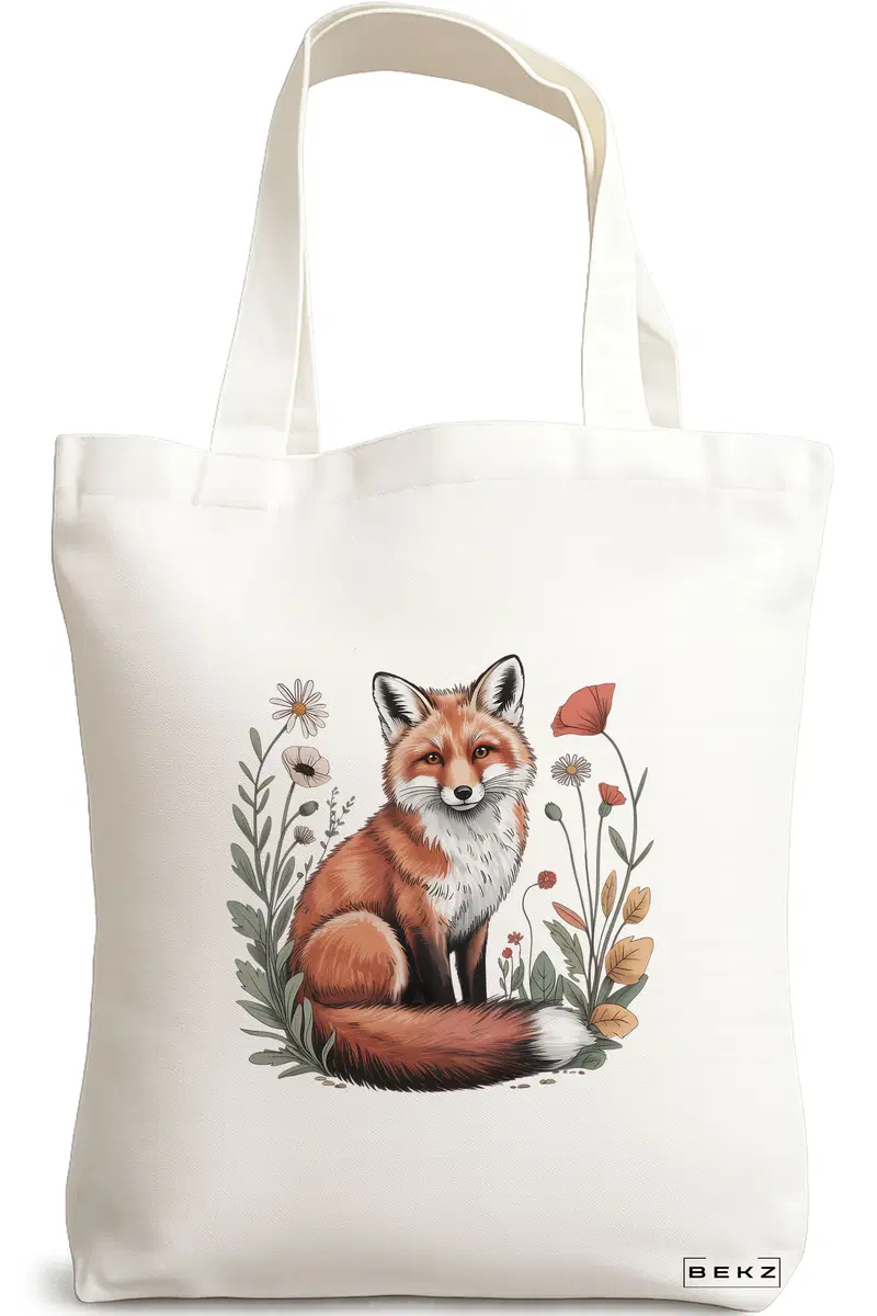 Sacosa Cumparaturi Textila, Geanta Tote, model Foxy and flowers 3 38 x 34.5 cm, Alb, BEKZ®