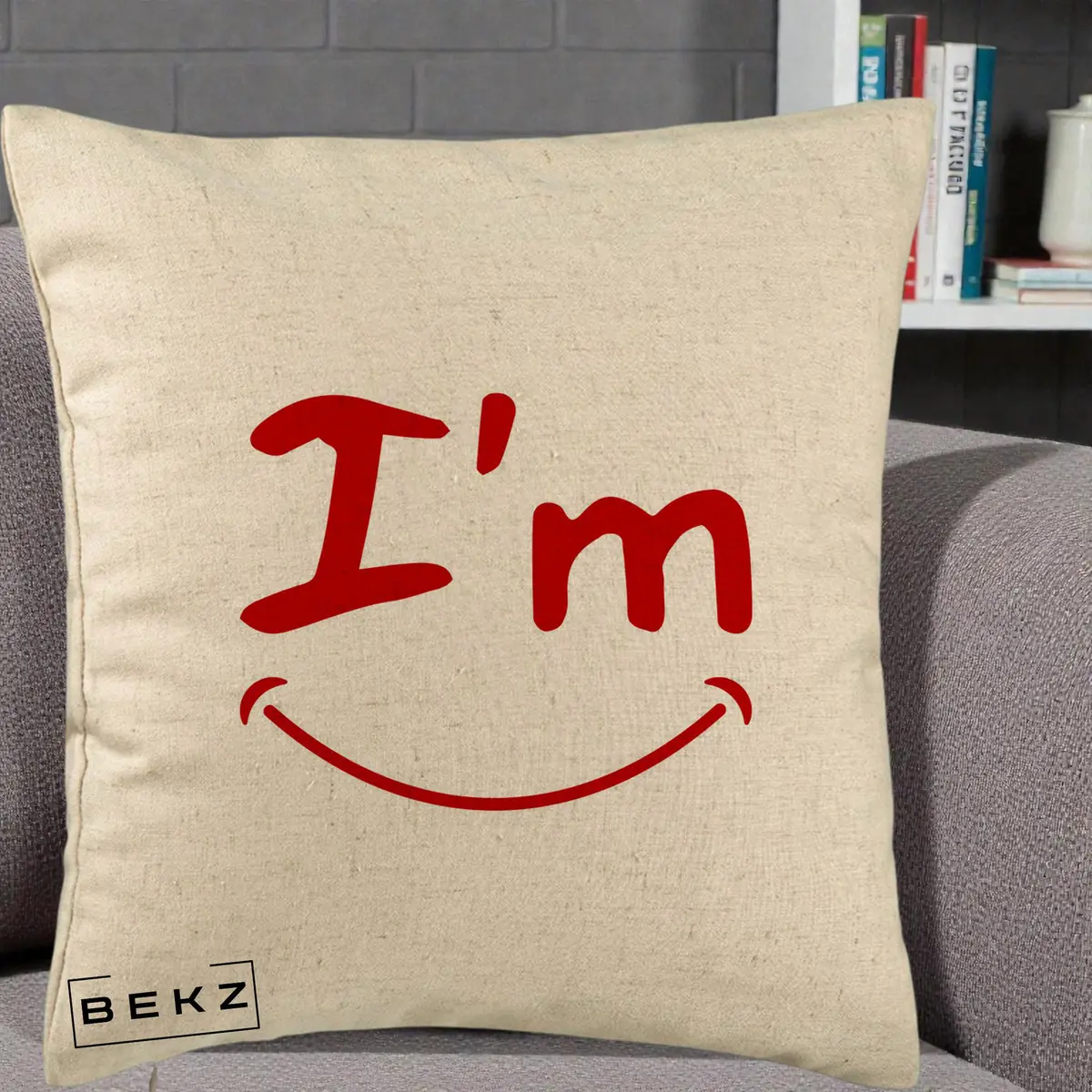 Perna Decorativa I'm Happy Smile, 40x40 cm, Bej, Husa Detasabila, Perna, BEKZ®