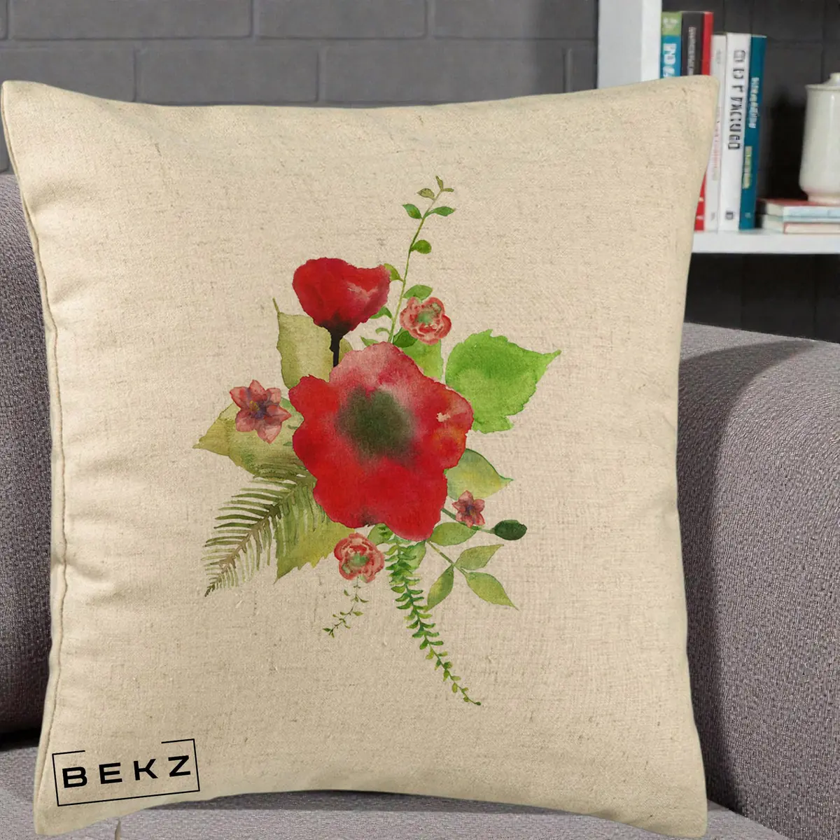 Perna Decorativa Buchet Rosu Acuarela, 40x40 cm, Bej, Husa Detasabila, Perna, BEKZ®