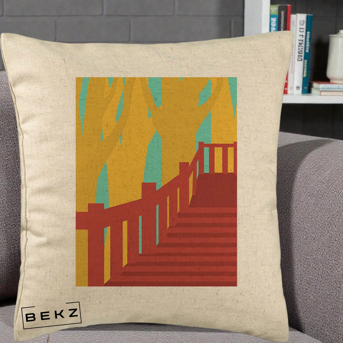 Perna Decorativa Scari Toamna Peisaj Grafic, 40x40 cm, Bej, Husa Detasabila, Perna, BEKZ®