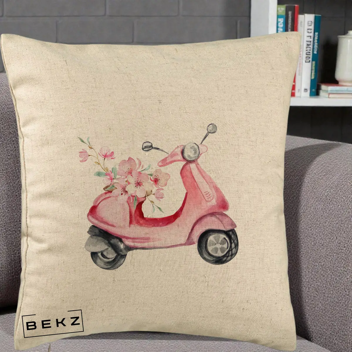 Perna Decorativa Scuter Roz cu Flori Acuarela, 40x40 cm, Bej, Husa Detasabila, Perna, BEKZ®