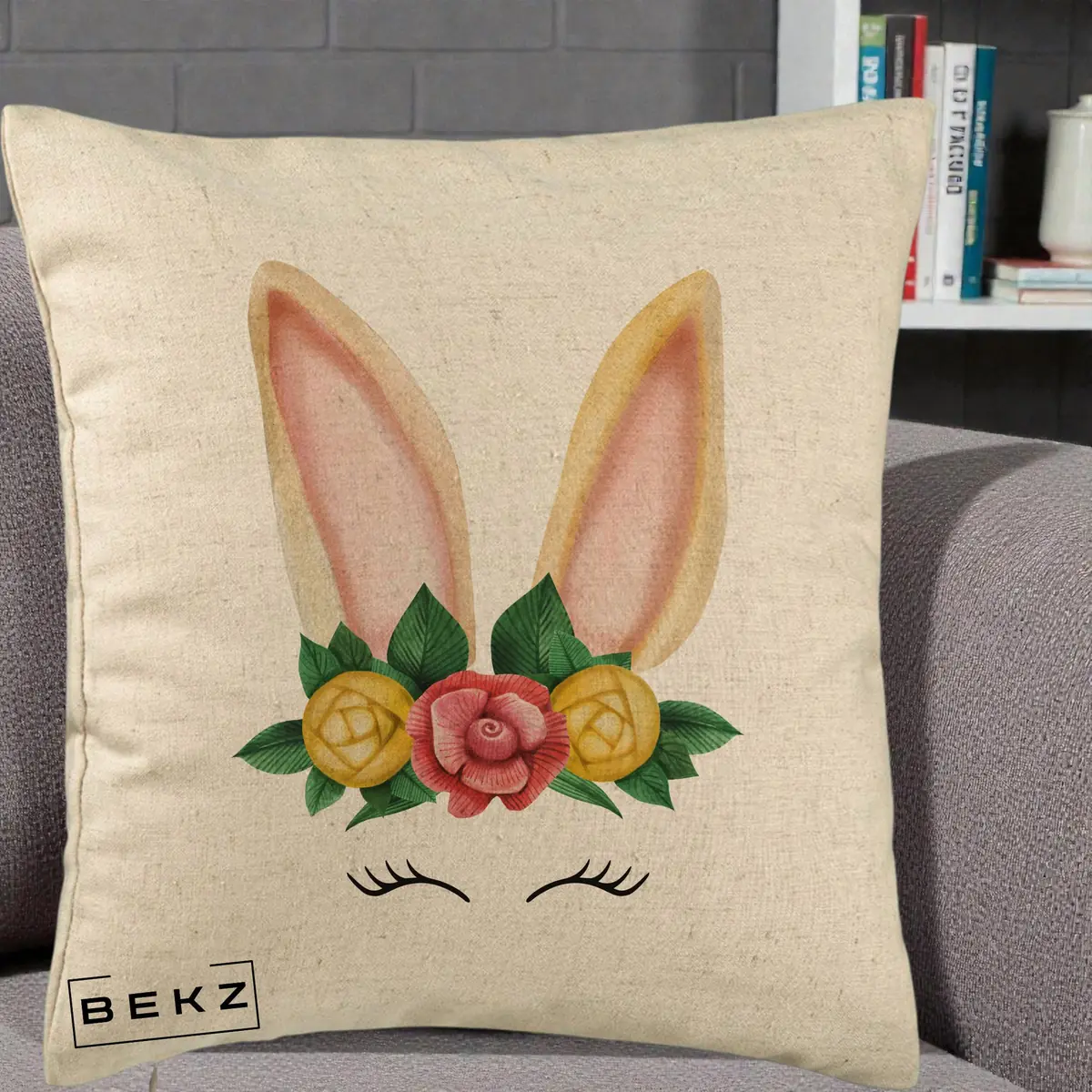 Perna Decorativa Iepuras Flori Urechi Pastelui, 40x40 cm, Bej, Husa Detasabila, Perna, BEKZ®