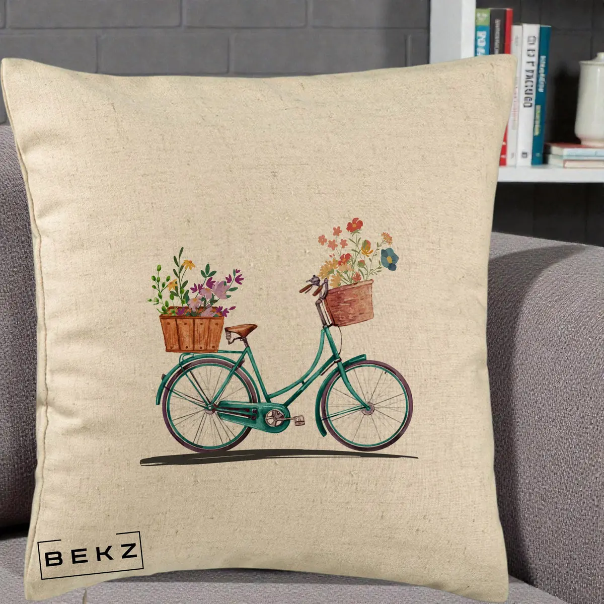 Perna Decorativa Bicicleta Florala Turcoaz Acuarela, 40x40 cm, Bej, Husa Detasabila, Perna, BEKZ®