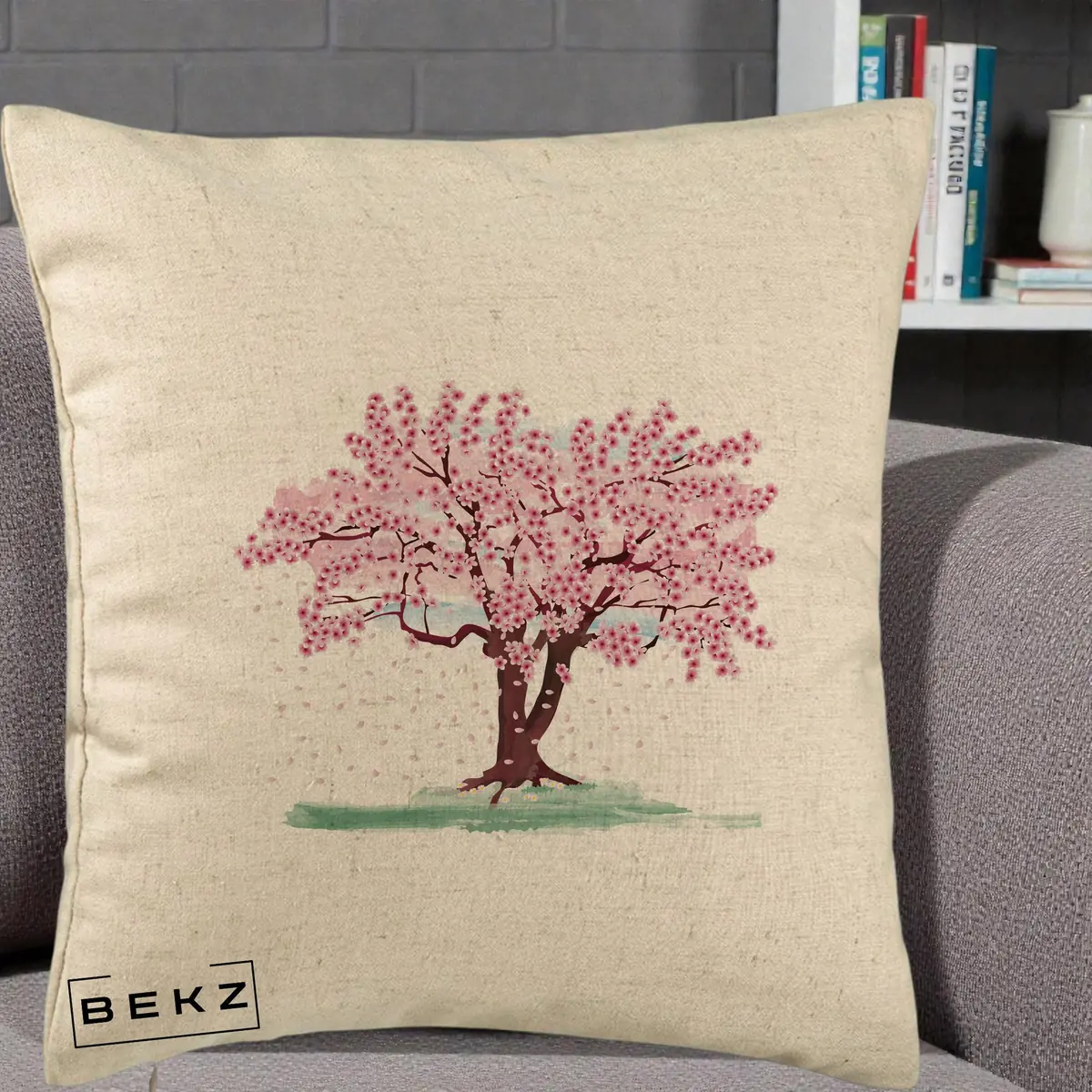 Perna Decorativa Cires Inflorit Acuarela, 40x40 cm, Bej, Husa Detasabila, Perna, BEKZ®