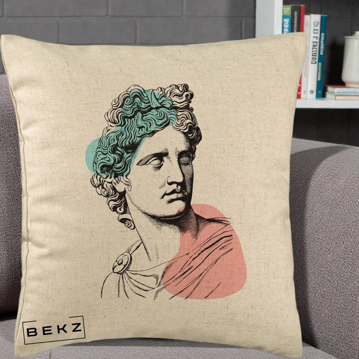 Perna Decorativa Bust Grec Vaporwave, 40x40 cm, Bej, Husa Detasabila, Perna, BEKZ®
