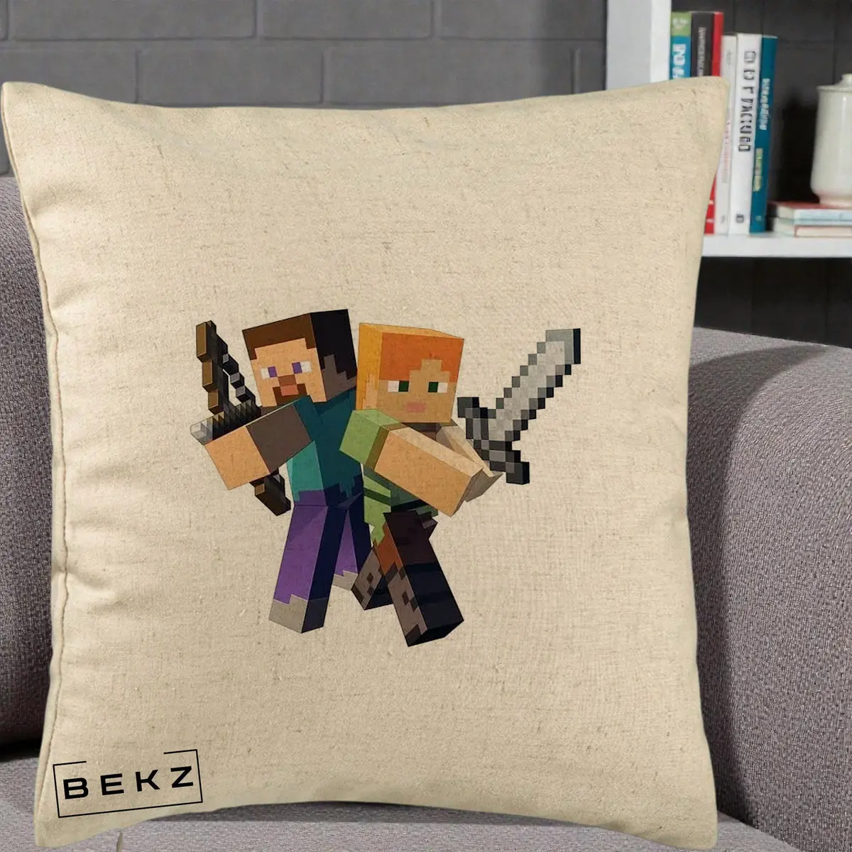 Perna Decorativa Minecraft Steve si Alex, 40x40 cm, Bej, Husa Detasabila, Perna, BEKZ®
