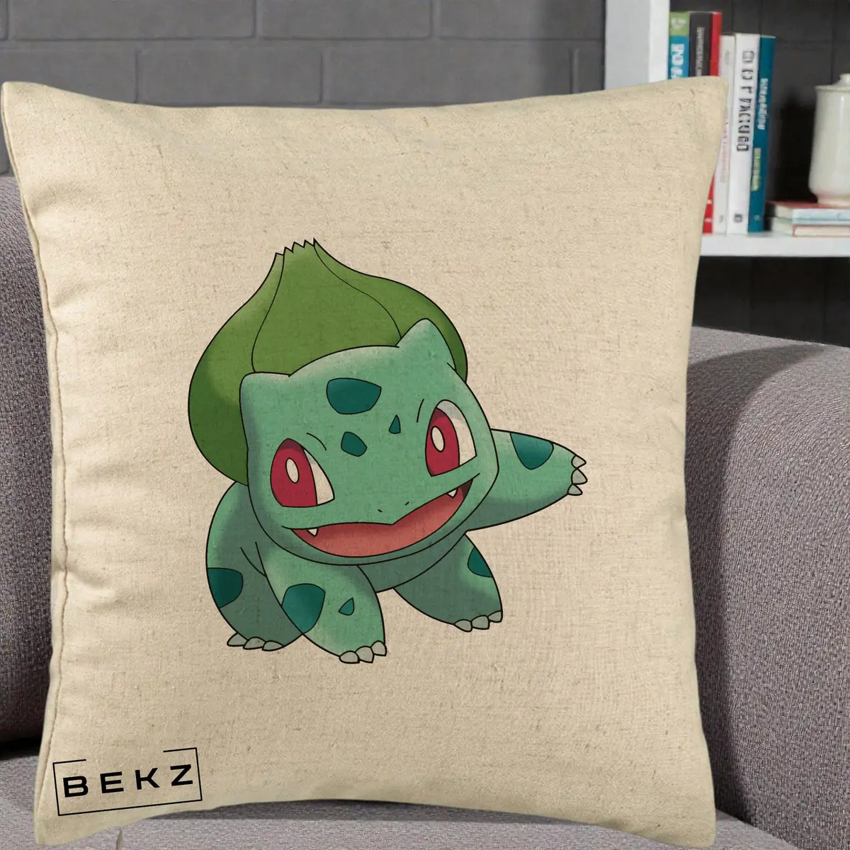 Perna Decorativa Bulbasaur Pokemon, 40x40 cm, Bej, Husa Detasabila, Perna, BEKZ®