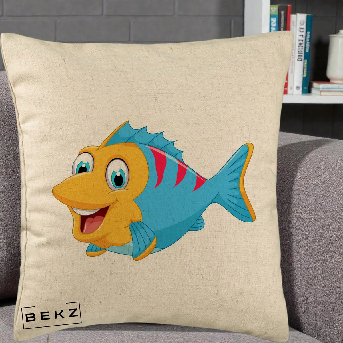 Perna Decorativa Peste Vesel Cartoon, 40x40 cm, Bej, Husa Detasabila, Perna, BEKZ®