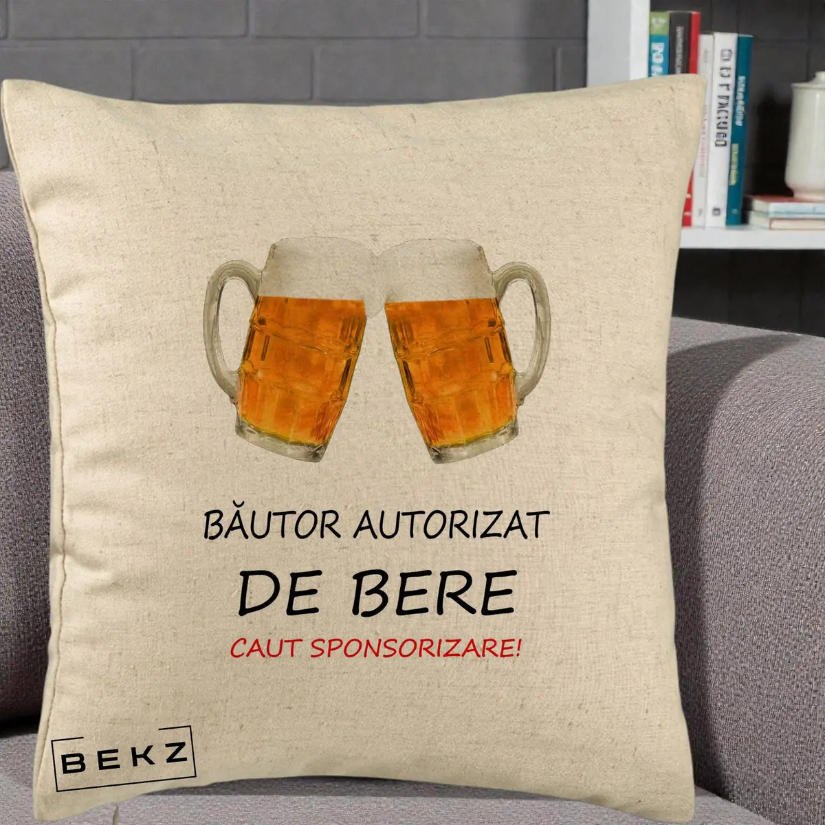 Perna Decorativa Bautor Autorizat de Bere, 40x40 cm, Bej, Husa Detasabila, Perna, BEKZ®