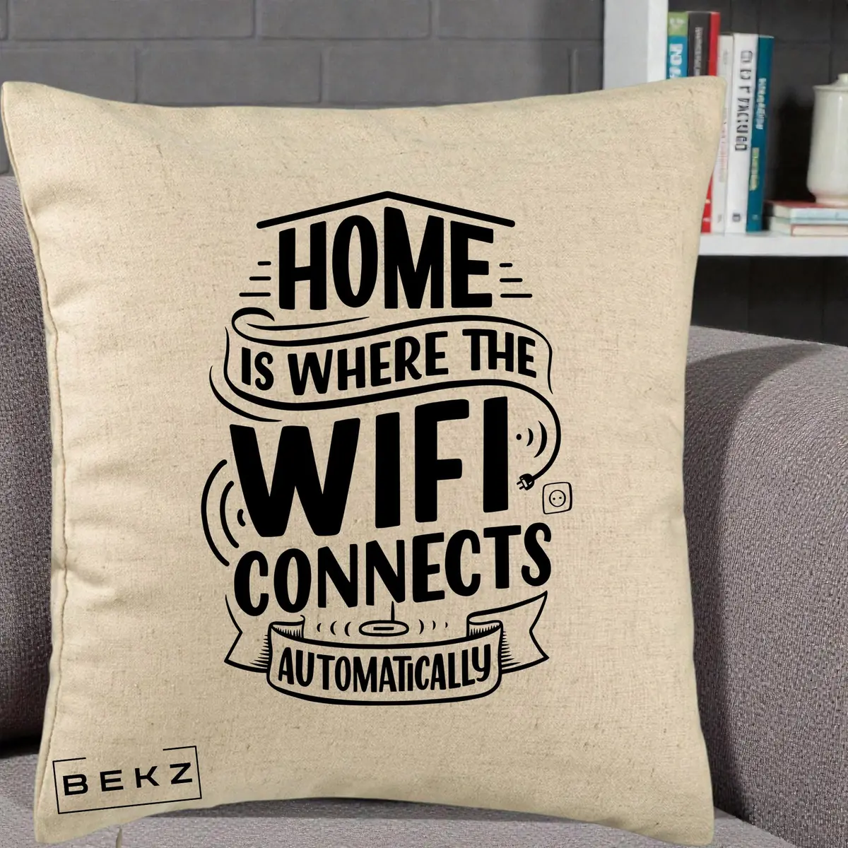 Perna Decorativa Home Is Where WiFi Connects, 40x40 cm, Bej, Husa Detasabila, Perna, BEKZ®