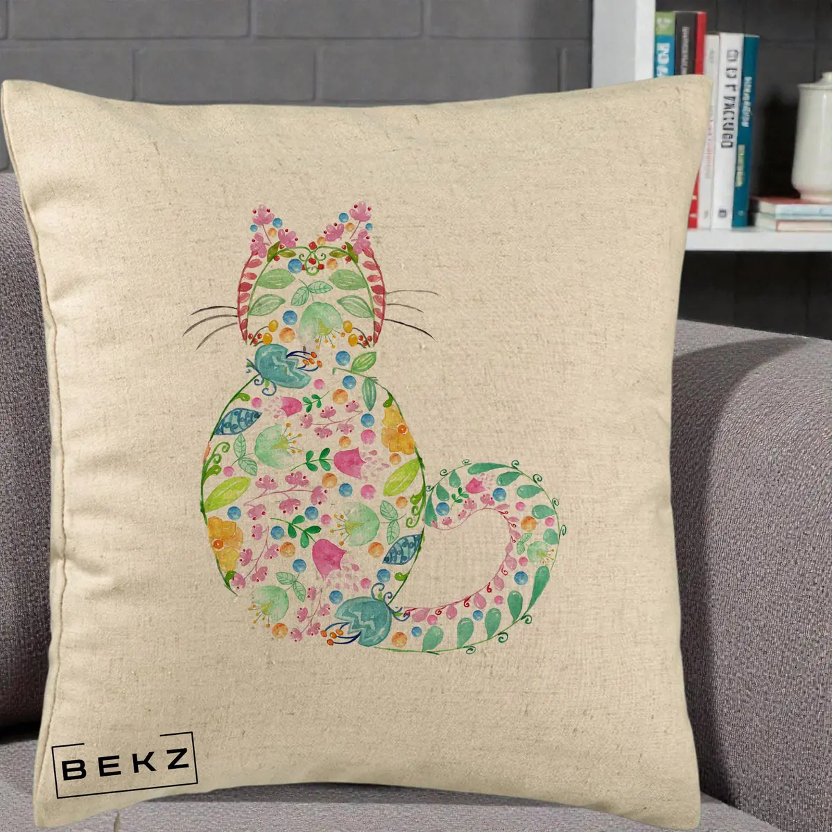 Perna Decorativa Pisica Florala Acuarela, 40x40 cm, Bej, Husa Detasabila, Perna, BEKZ®