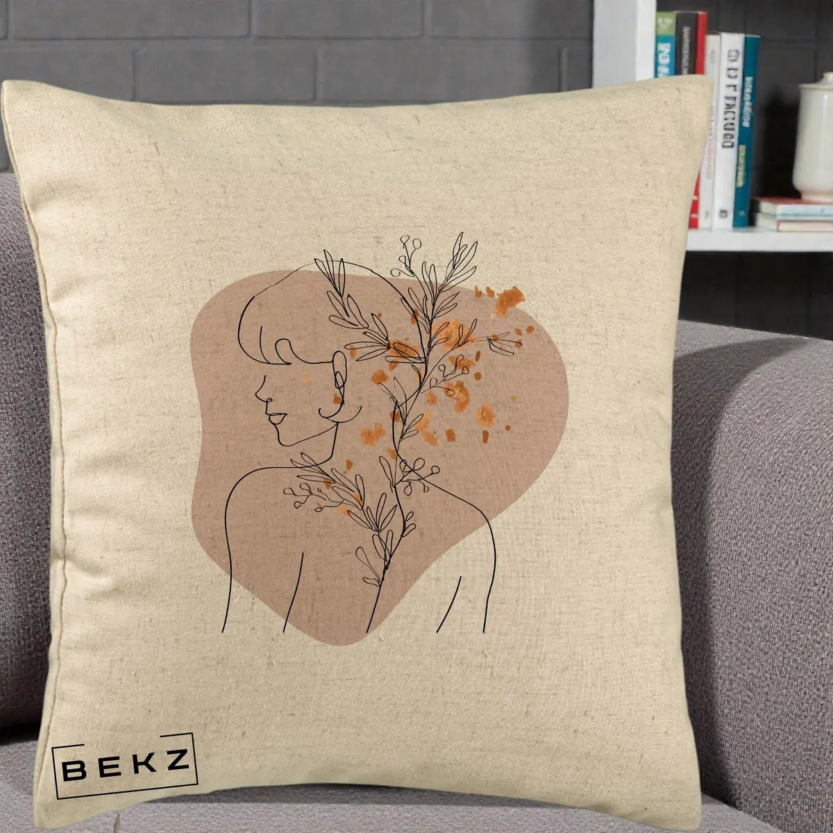 Perna Decorativa Femeie cu Flori Line Art Boho, 40x40 cm, Bej, Husa Detasabila, Perna, BEKZ®