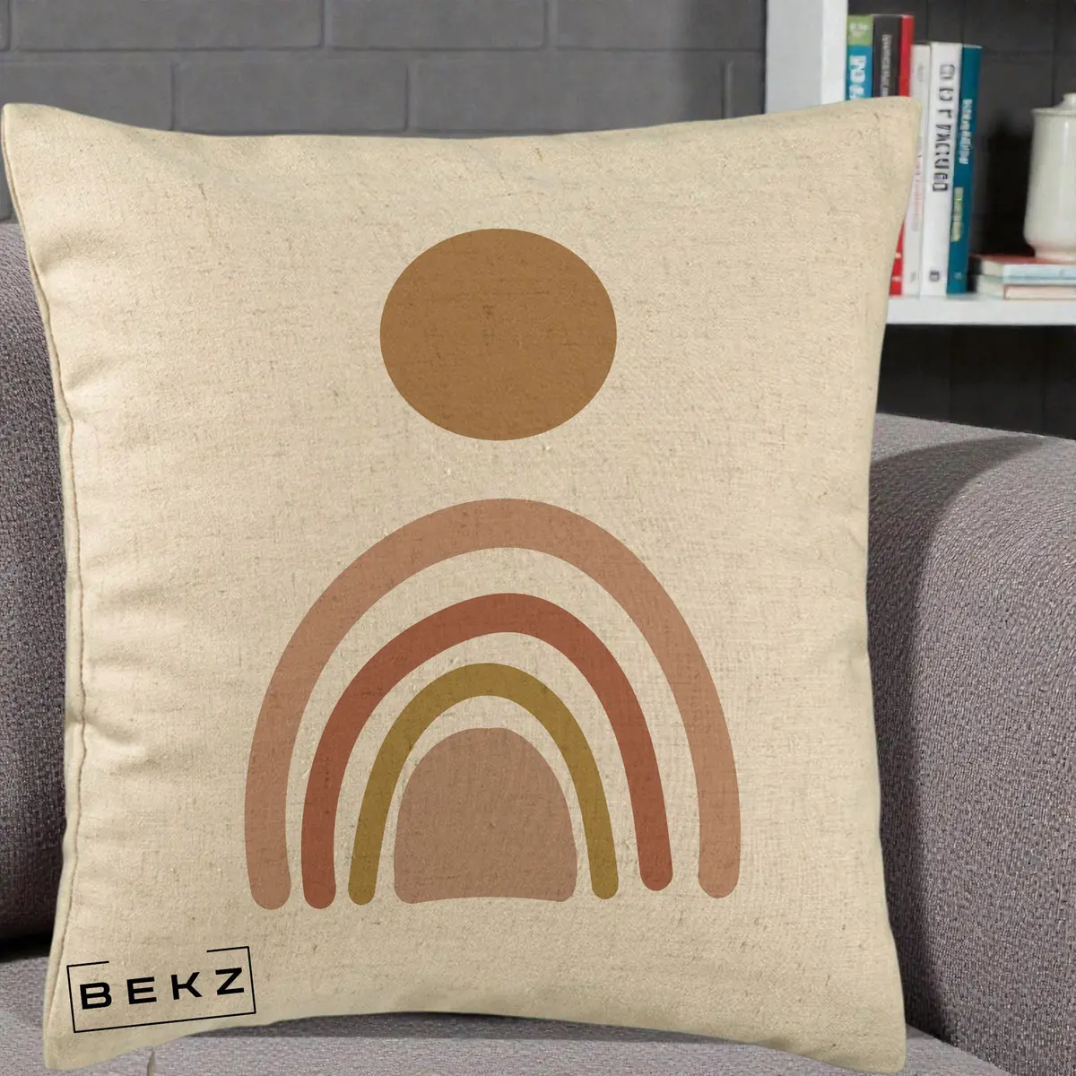 Perna Decorativa Boho Rainbow Sun, 40x40 cm, Bej, Husa Detasabila, Perna, BEKZ®