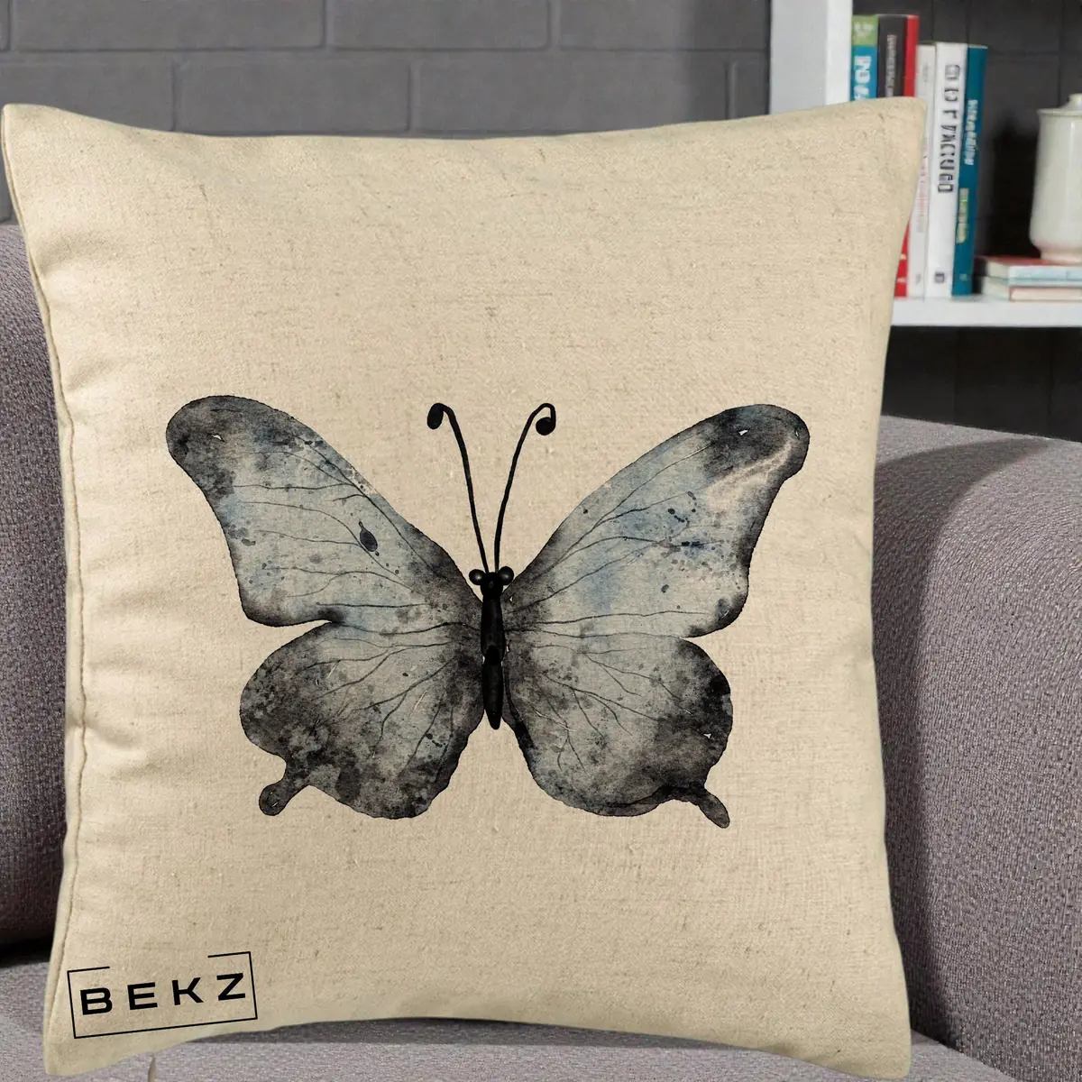 Perna Decorativa Fluture Acuarela Albastru-Gri, 40x40 cm, Bej, Husa Detasabila, Perna, BEKZ®