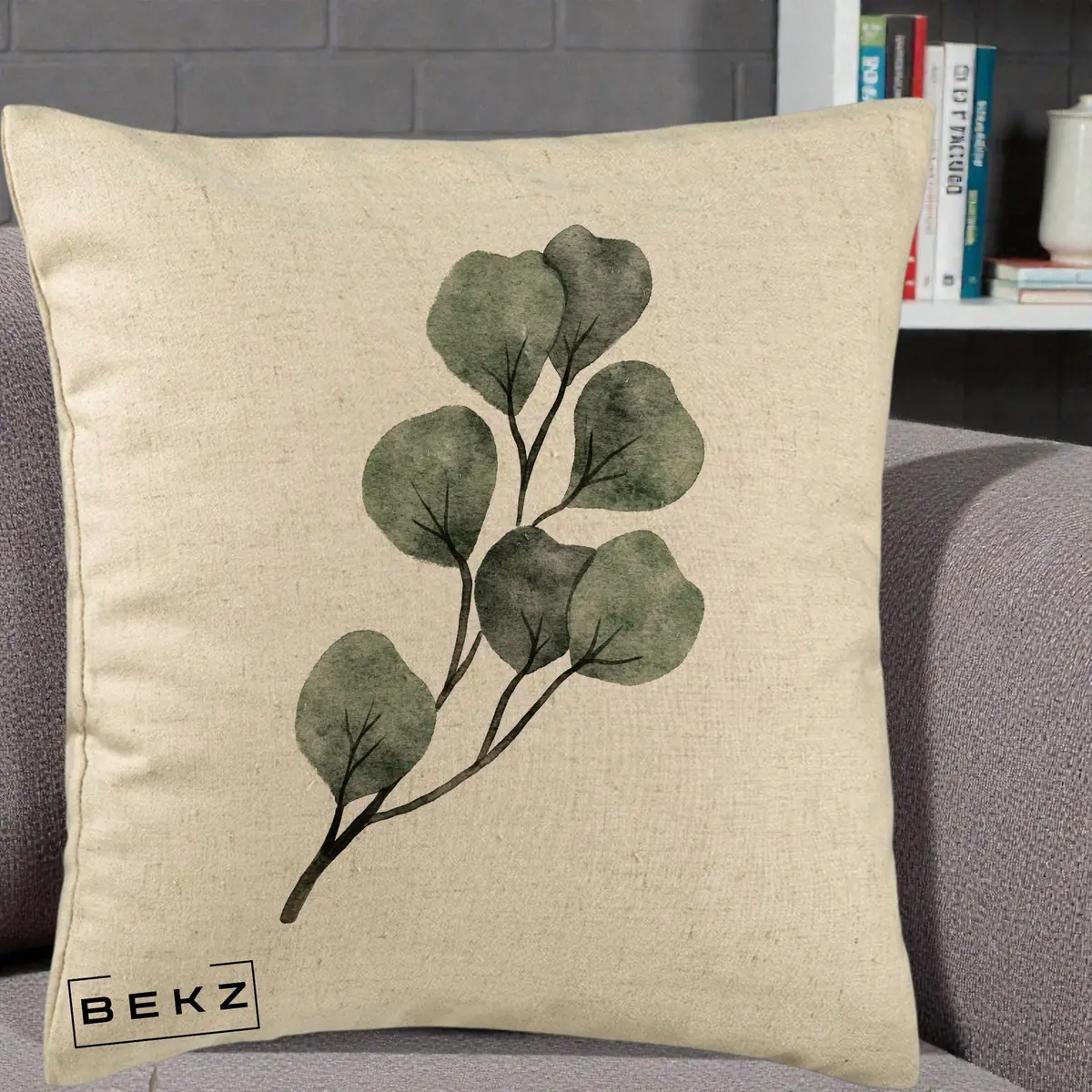 Perna Decorativa Ramura Eucalipt Acuarela, 40x40 cm, Bej, Husa Detasabila, Perna, BEKZ®
