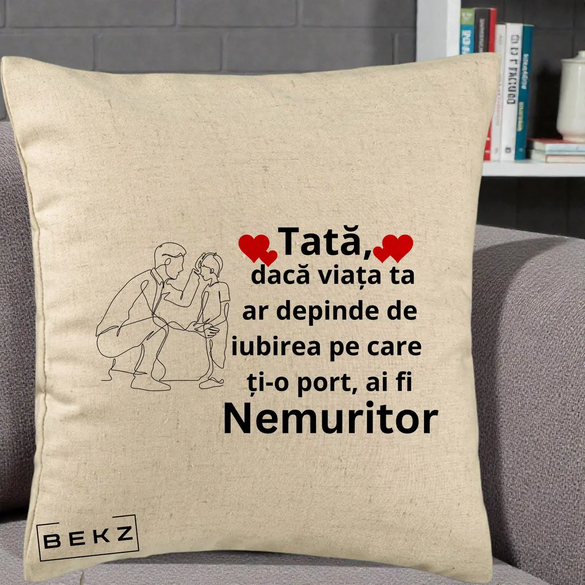 Perna Decorativa Tata Nemuritor cu Inimi Rosii, 40x40 cm, Bej, Husa Detasabila, Perna, BEKZ®