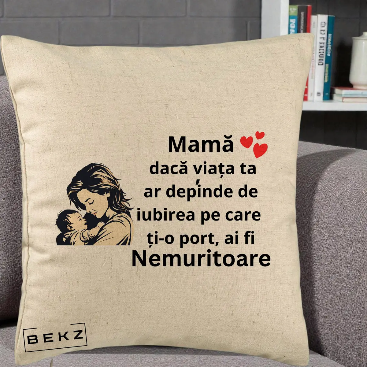 Perna Decorativa Mama Nemuritoare Aproape de Bebe, 40x40 cm, Bej, Husa Detasabila, Perna, BEKZ®