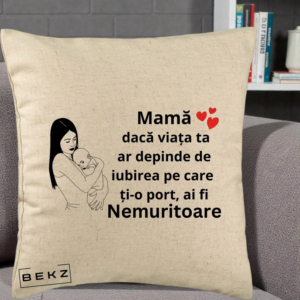 Perna Decorativa Mama Nemuritoare Linie, 40x40 cm, Bej, Husa Detasabila, Perna, BEKZ®