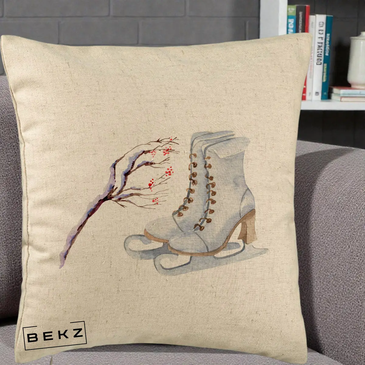Perna Decorativa Patine cu Ramuri Inzapezite, 40x40 cm, Bej, Husa Detasabila, Perna, BEKZ®