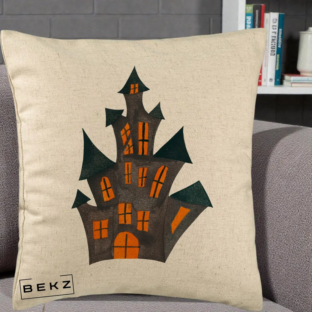 Perna Decorativa Halloween Casa Bantuita Minimalista, 40x40 cm, Bej, Husa Detasabila, Perna, BEKZ®