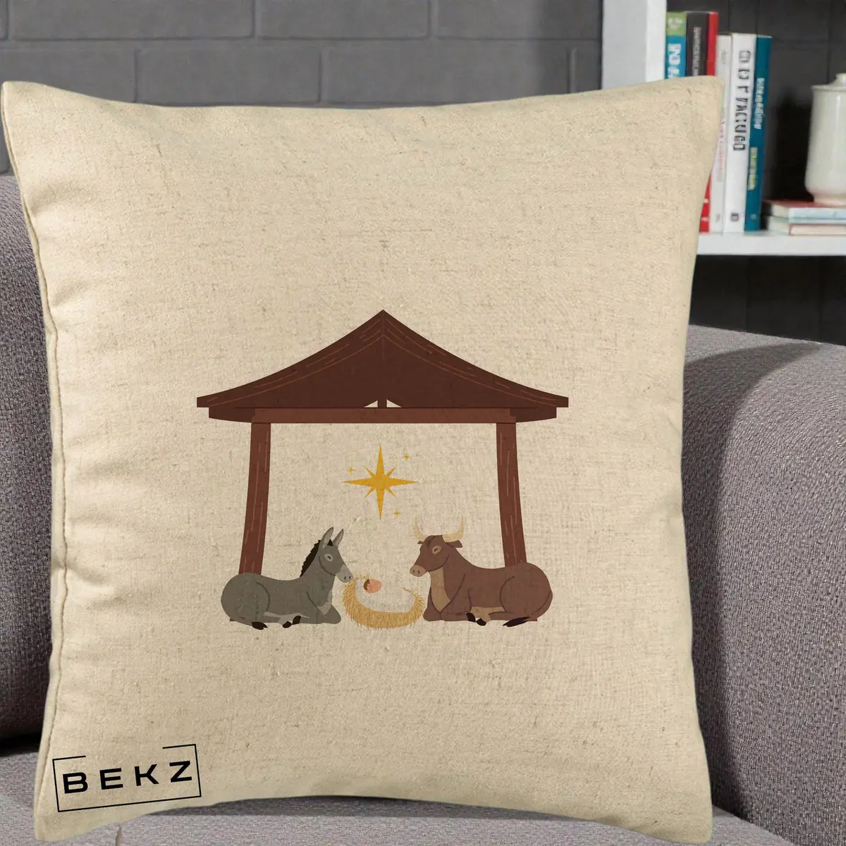 Perna Decorativa Ieslea din Betleem cu Iesle Asin si Bou, 40x40 cm, Bej, Husa Detasabila, Perna, BEKZ®