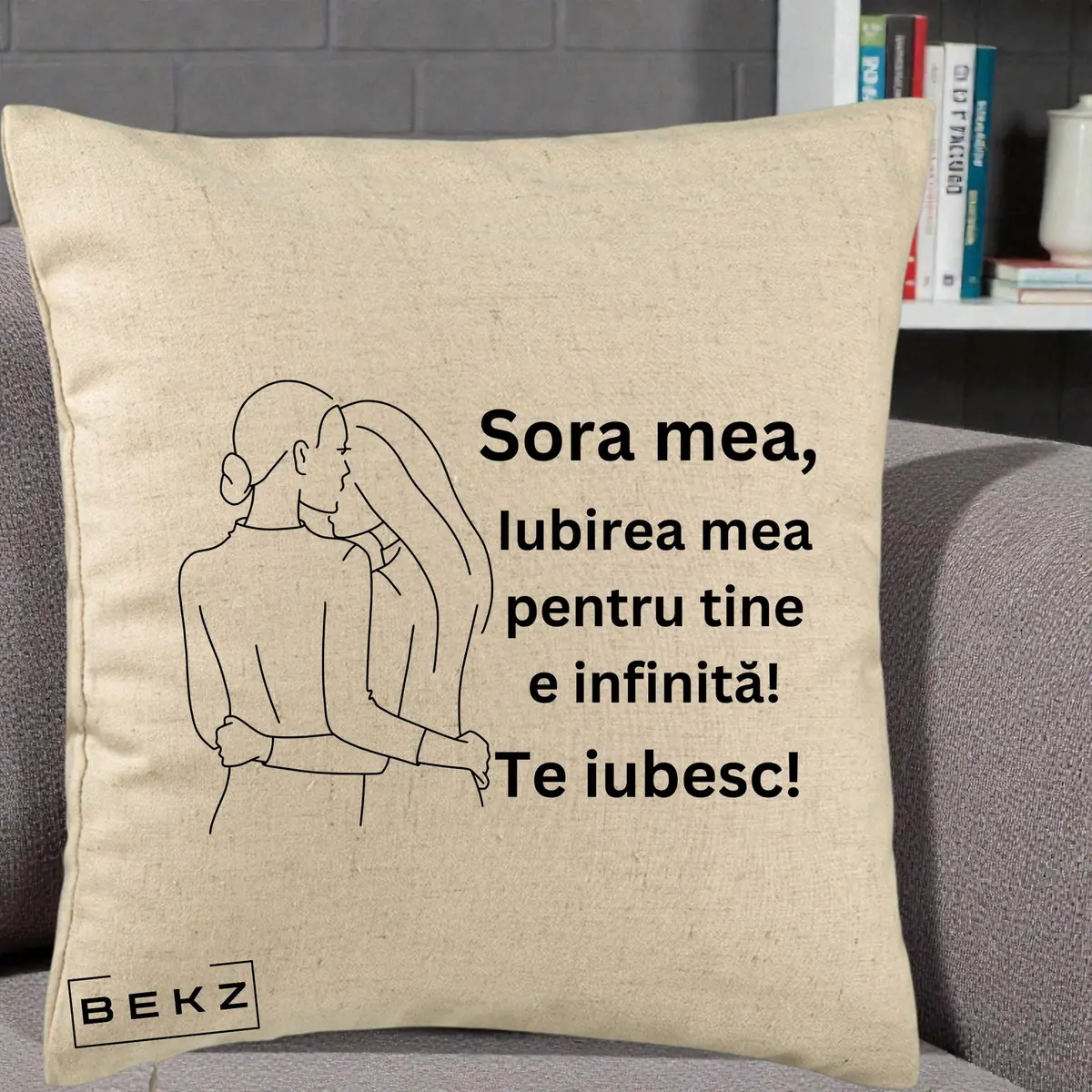 Perna Decorativa Sora Mea Te Iubesc Palarie Umbrela Text Colorat, 40x40 cm, Bej, Husa Detasabila, Perna, BEKZ®
